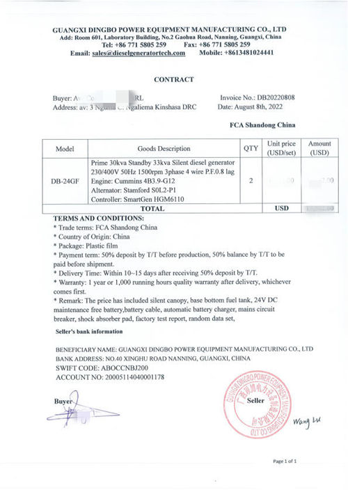 Contract of 30kVA silent generator